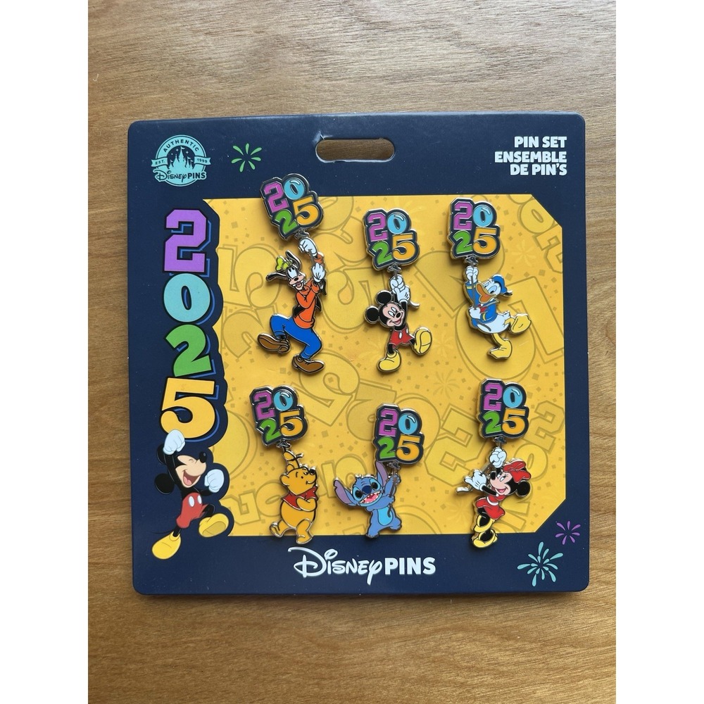 Disney 2025 Pin Set Ensemble, Goofy, Mickey, Donald, Winnie, Stitch, Minnie
